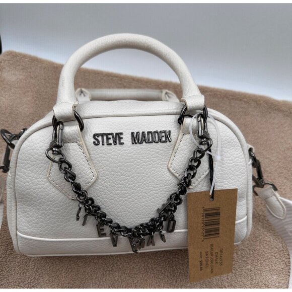 Steve Madden White Mini Barrel Satchel Bag With Chain Accent Adjustable Strap